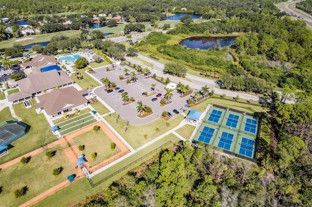 drone / aerial view with a water view