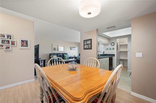 dining room with light hardwood / wood-style flooring and sink