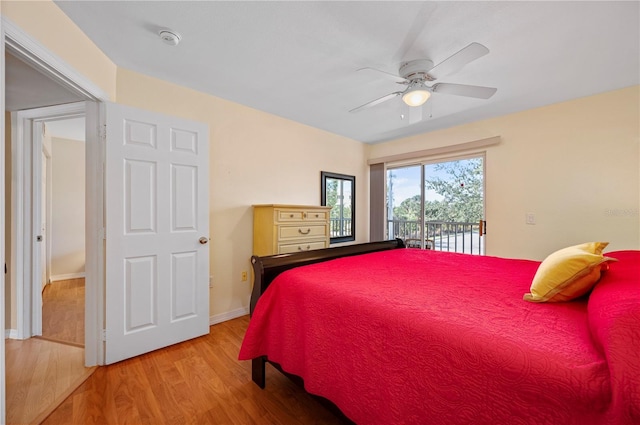 bedroom with ceiling fan, light wood-type flooring, and access to outside