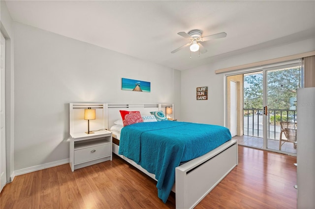 bedroom with ceiling fan, access to exterior, and light hardwood / wood-style flooring