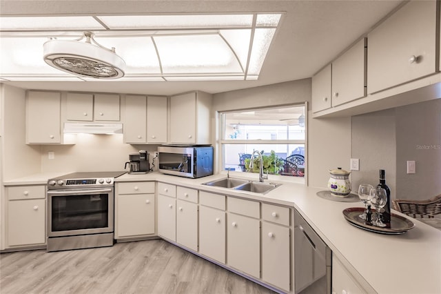 kitchen featuring white cabinets, light wood-type flooring, electric range, and sink