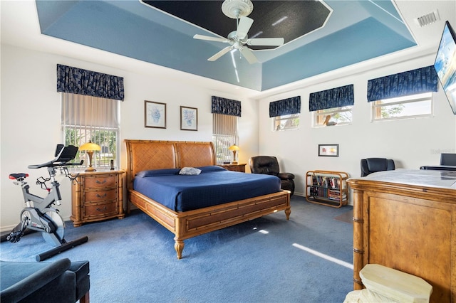 bedroom featuring carpet flooring, a raised ceiling, multiple windows, and ceiling fan