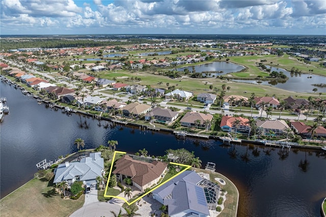 drone / aerial view featuring a water view