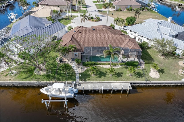 drone / aerial view featuring a water view