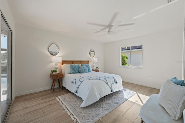 bedroom featuring ceiling fan and light hardwood / wood-style floors