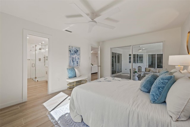 bedroom featuring ceiling fan, connected bathroom, access to exterior, and light hardwood / wood-style floors