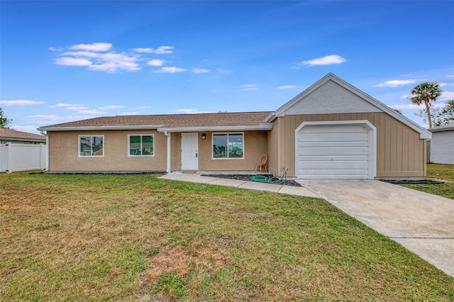 single story home featuring a front yard and a garage