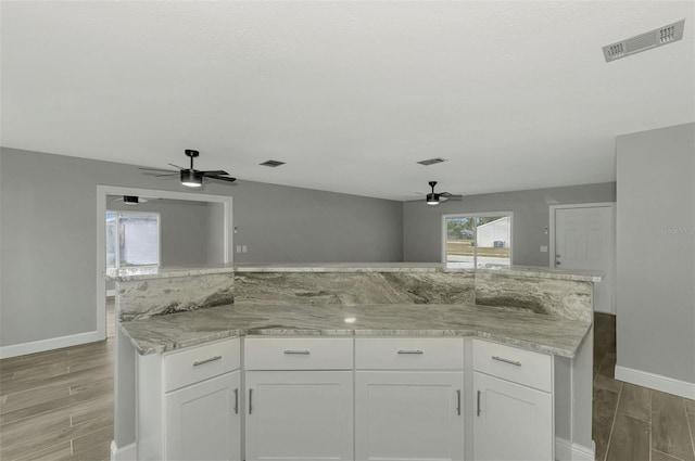 kitchen with light stone countertops and white cabinetry