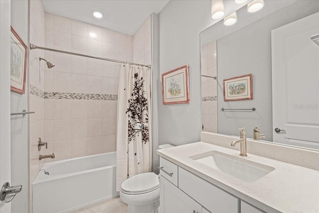 full bathroom with vanity, toilet, and shower / tub combo with curtain