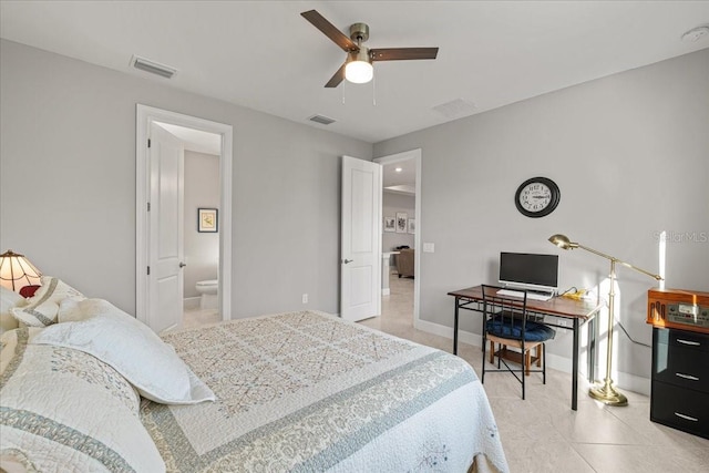 tiled bedroom with ceiling fan