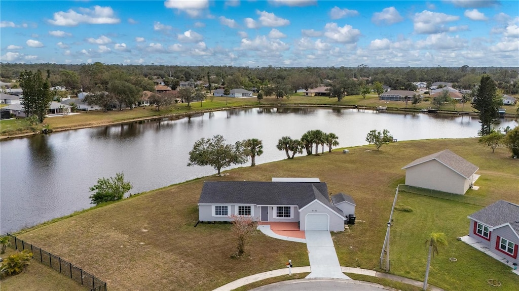 bird's eye view with a water view