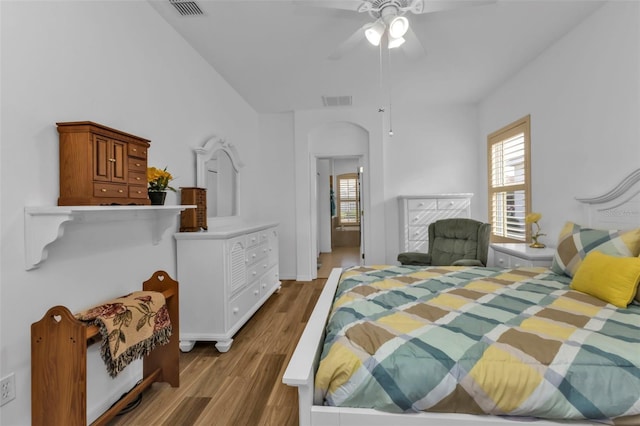 bedroom featuring light wood-type flooring and ceiling fan