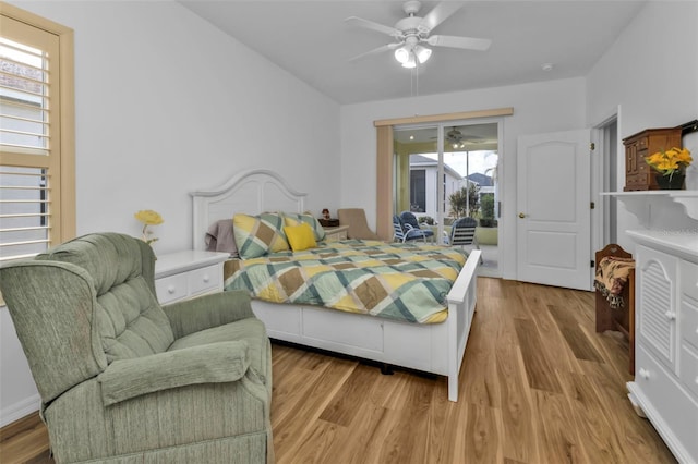 bedroom with access to outside, light hardwood / wood-style flooring, and ceiling fan