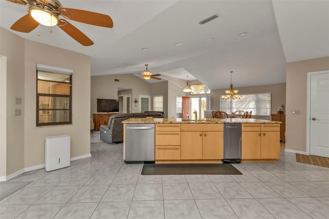 kitchen with dishwasher, light brown cabinets, lofted ceiling, ceiling fan with notable chandelier, and light tile patterned floors