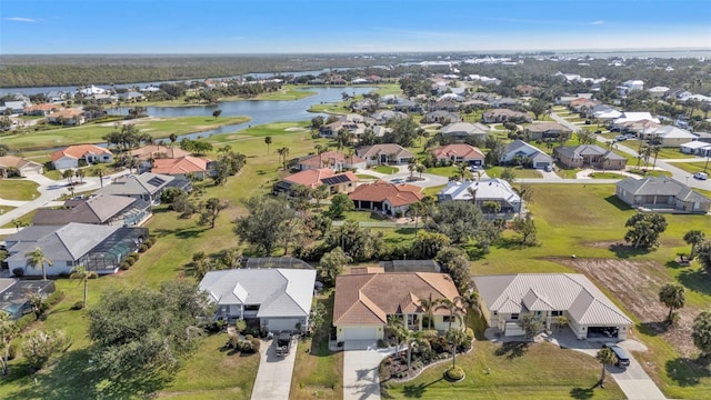 aerial view featuring a water view