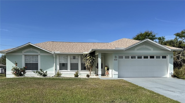 ranch-style home with a front yard and a garage