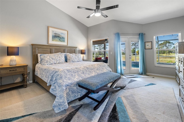 bedroom with access to exterior, ceiling fan, and vaulted ceiling