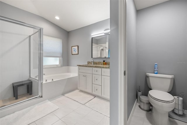 full bathroom with separate shower and tub, tile patterned flooring, vanity, and toilet