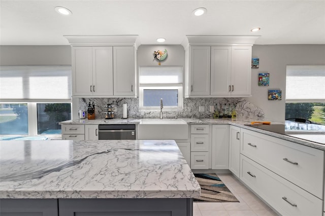 kitchen with a sink, tasteful backsplash, white cabinetry, and stainless steel dishwasher