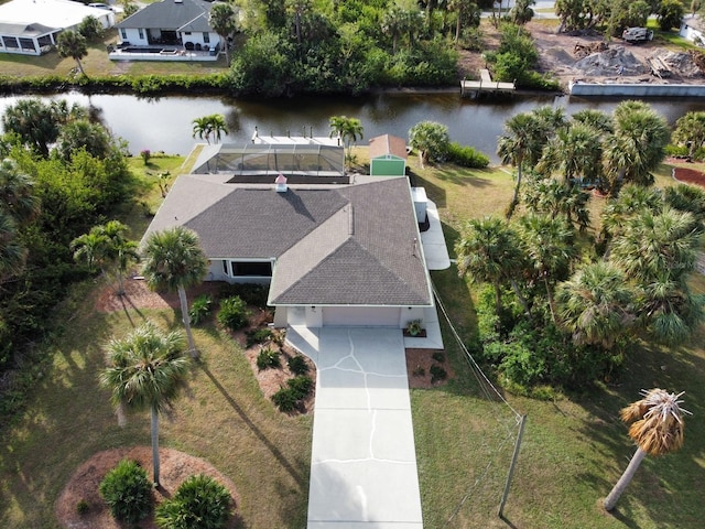 bird's eye view with a water view