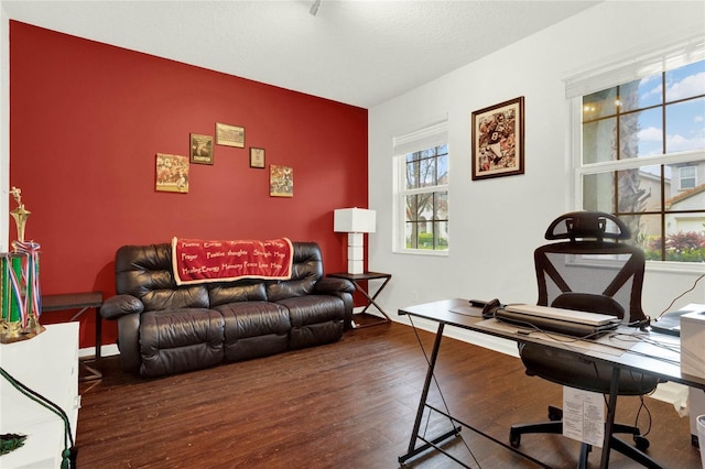 5240 Oakbourne Ave, Davenport, FL 33837 - home office with an accent wall, wood finished floors, and healthy amount of natural light