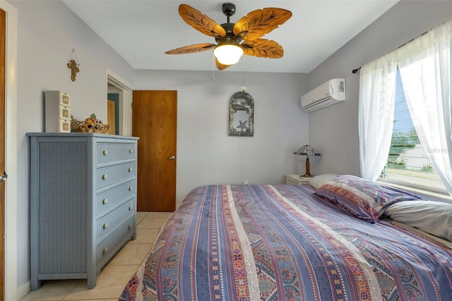 tiled bedroom with multiple windows, ceiling fan, and a wall unit AC