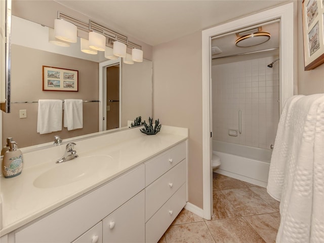 bathroom featuring toilet, tile patterned floors, vanity, and shower / tub combo with curtain