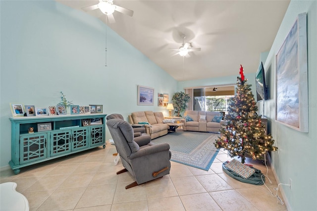 living room featuring light tile patterned floors, vaulted ceiling, and ceiling fan