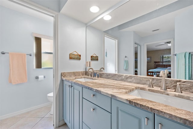 bathroom featuring tile patterned flooring, vanity, toilet, and ceiling fan