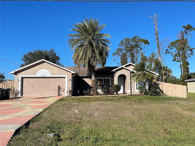 ranch-style house featuring a front lawn and a garage