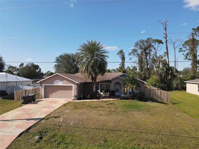 ranch-style house with a front yard and a garage