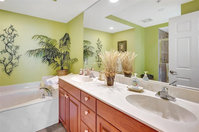 bathroom featuring plus walk in shower and vanity