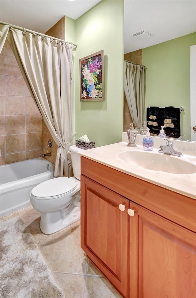 full bathroom featuring vanity, toilet, and shower / bathtub combination with curtain