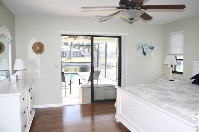 bedroom with access to outside, ceiling fan, and dark wood-type flooring