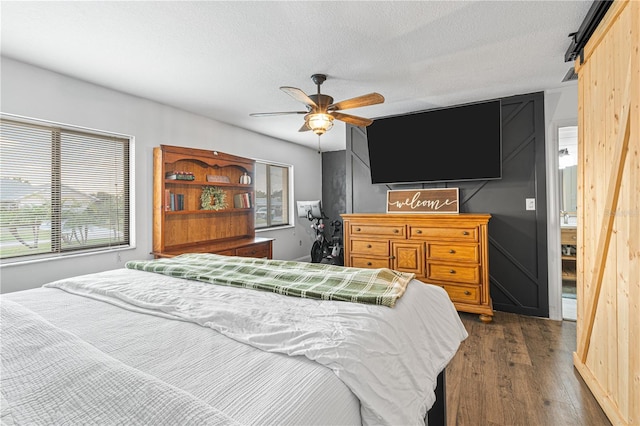 bedroom with a textured ceiling, ceiling fan, dark wood-type flooring, and multiple windows