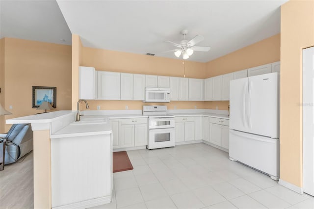 kitchen featuring kitchen peninsula, white appliances, ceiling fan, sink, and white cabinets