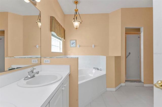 bathroom with tile patterned flooring, vanity, and independent shower and bath