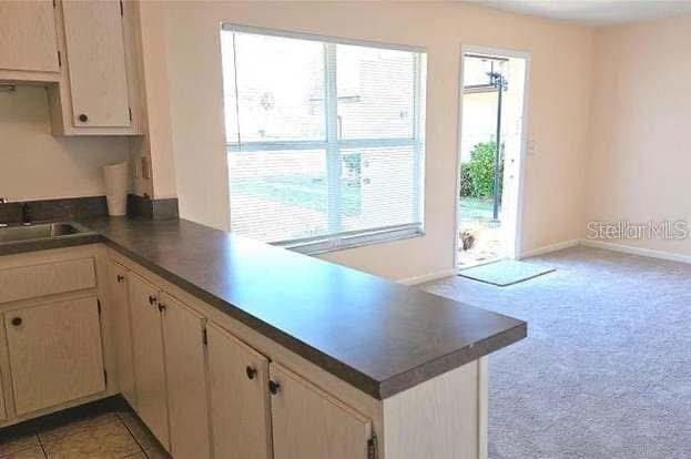 kitchen featuring light carpet, sink, a wealth of natural light, and kitchen peninsula