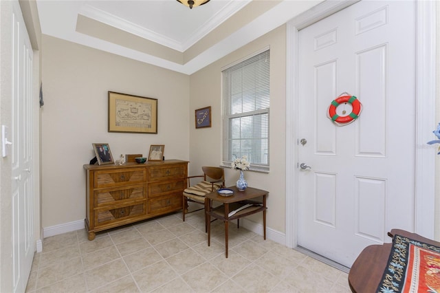 entryway with a tray ceiling and ornamental molding