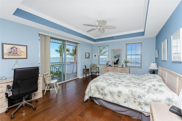 bedroom with access to exterior, ceiling fan, a raised ceiling, and multiple windows