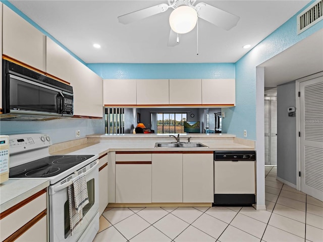 kitchen featuring kitchen peninsula, white appliances, white cabinetry, and sink