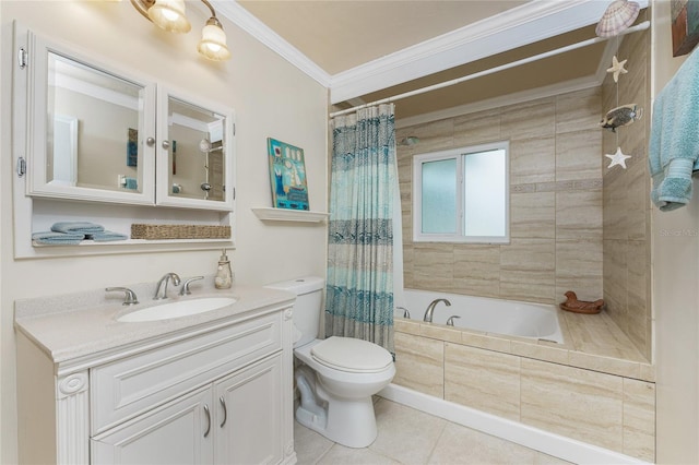 full bathroom featuring tile patterned floors, toilet, vanity, shower / tub combo, and ornamental molding