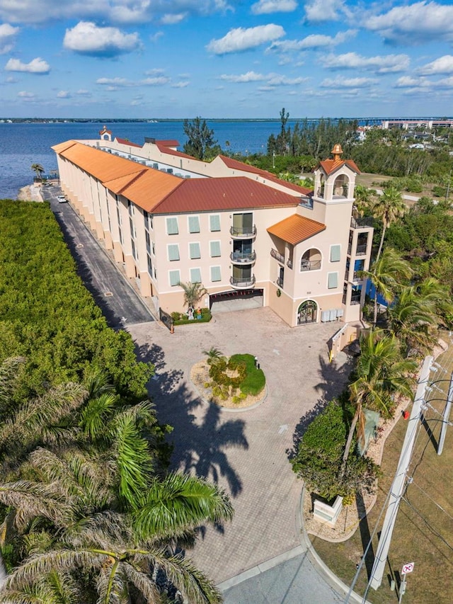 drone / aerial view with a water view