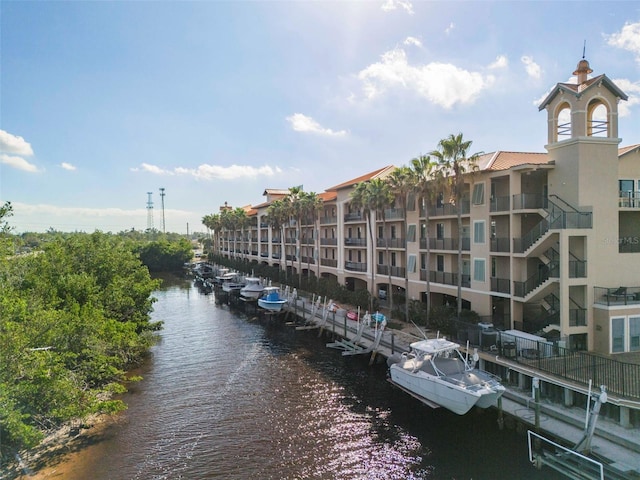 view of building exterior featuring a water view