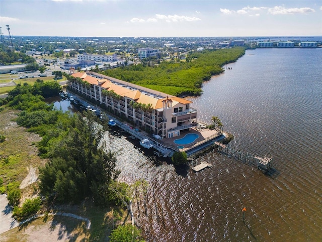 drone / aerial view featuring a water view