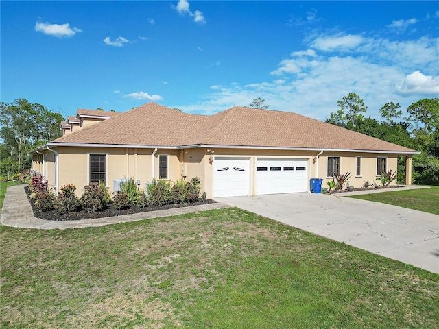 ranch-style house with a front lawn and a garage