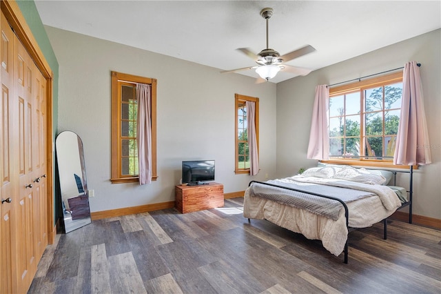 bedroom with a closet, ceiling fan, and dark hardwood / wood-style floors