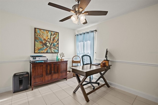 tiled office space with ceiling fan