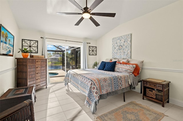 tiled bedroom with access to outside, ceiling fan, and lofted ceiling