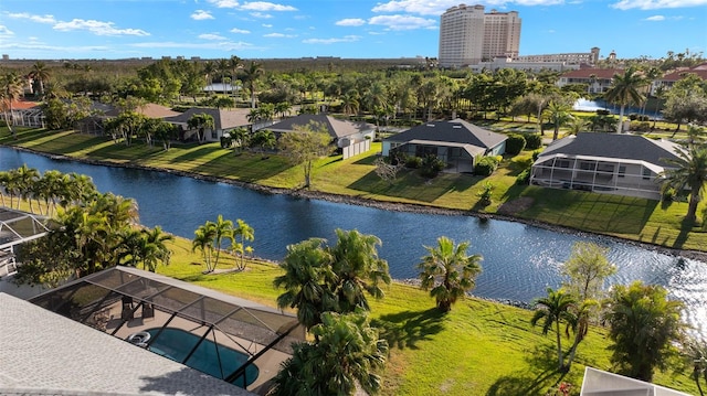 drone / aerial view with a water view